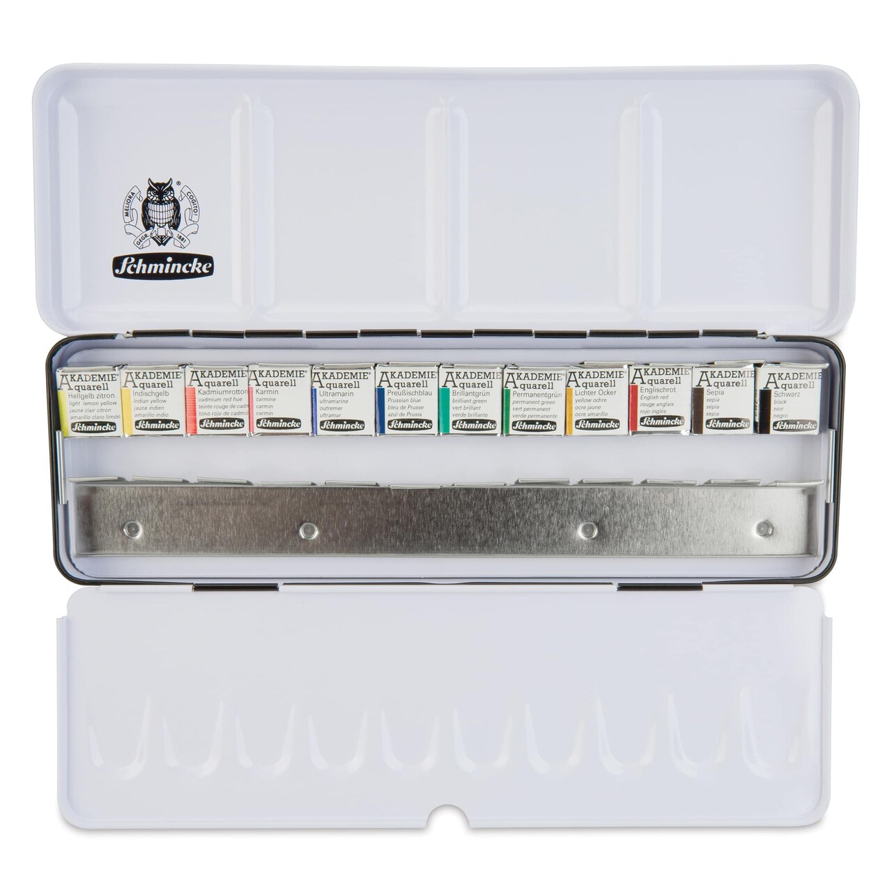 Schmincke Akademie Aquarell Watercolor Pans - Set of 12, Long Metal Case, Half Pans